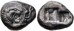KINGS of LYDIA. Kroisos. Circa 560-546 BC. AR Siglos – 1/2 Stater (15mm, 5.16 g). Sardes mint. Struck circa 550-546 BC. Confronted foreparts of lion and bull / Incuse punch. Berk 23; SNG Kayhan 1024-6