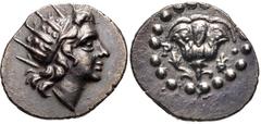 ISLANDS off CARIA, Rhodos. Rhodes . Circa 188-84 BC. AR Diobol (12mm, 0.96 g, 12h). ‘Plinthophoric’ coinage. Radiate head of Helios right / Rose with bud to left; Isis headdress to right. SNG Keckman 