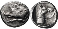 DYNASTS of LYCIA. Uncertain dynast. Circa 480/70-430 BC. AR Hemiobol (7mm, 0.30 g, 5h). Forepart of boar left / Leashed head and neck of hound right. Falghera -; Vismara -; SNG Copenhagen Supp. -; Tra