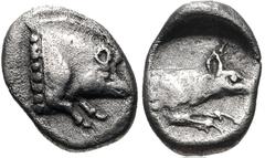 DYNASTS of LYCIA. Uncertain dynast. Circa 480/70-430 BC. AR Hemiobol (6mm, 0.32 g, 2h). Forepart of boar right / Forepart of hound right. SNG Kayhan 987 (Uncertain mints in Caria); Klein -; Rosen 405 