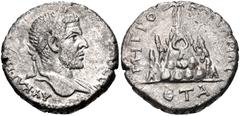 CAPPADOCIA, Caesarea-Eusebia. Macrinus. AD 217-218. AR Tridrachm (24mm, 9.15 g, 12h). Dated RY 1 (AD 217). Laureate bust right, slight drapery / Mt. Argaeus surmounted by nude male figure holding glob