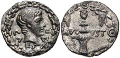 Augustus. 27 BC-AD 14. AR Denarius (18mm, 3.28 g, 6h). Uncertain mint. Struck circa 17 BC. Bare head right within oak wreath / Candelabrum ornamented with rams' heads, within wreath entwined with bucr