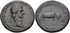 Nerva. AD 96-98. Æ Sestertius (33mm, 25.46 g, 5h). Rome mint. Struck AD 97. Laureate head right / VEHICVLATIONE ITALIAE REMISSA, two horses grazing; yoke in background. RIC II 93. VF, green patina, li