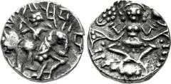 INDIA, Medieval. Kashmir . Harshadeva. 1089-1101. AR Dinar (14mm, 3.12 g, 11h). Man, wearing angular headdress and holding spear, on horseback right; “Śrī Harṣadeva” in Śāradā script above / Goddess s