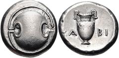 BOEOTIA, Thebes. Circa 395-338 BC. AR Stater (20mm, 12.10 g). Kabi-, magistrate. Struck circa 368-364 BC. Boeotian shield / Amphora; KA-BI across field; all within concave circle. Hepworth 61; BCD Boi