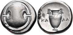 BOEOTIA, Thebes. Circa 395-338 BC. AR Stater (21mm, 12.20 g). Kalli-, magistrate. Struck circa 363-338 BC. Boeotian shield / Amphora; KA-ΛΛ[I] across field; all within concave circle. Hepworth 63; BCD