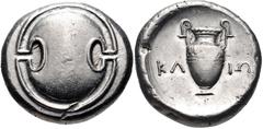 BOEOTIA, Thebes. Circa 395-338 BC. AR Stater (22mm, 12.15 g). Klio(n)-, magistrate. Struck circa 368-364 BC. Boeotian shield / Amphora; KΛ-IΩ across field; all within concave circle. Hepworth 69; BCD 