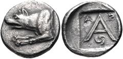 ARGOLIS, Argos. Circa 330-270 BC. AR Triobol or Hemidrachm (14mm, 2.33 g, 8h). Forepart of wolf at bay left / Large A; A-P across upper field, triquetra of crescents below; all within incuse square. B