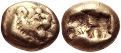 KINGS of LYDIA. Alyattes. Circa 610-560 BC. EL Hekte – 1/6 Stater (9mm, 2.32 g). Sardes mint. Head of lion right, sun on forehead; Lydian script (largely off flan) before / Double incuse square punch.