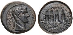 LYDIA, Philadelphia. Claudius. AD 41-54. Æ (17mm, 3.96 g, 1h). Laureate head right / Four grain ears bundled together. RPC I 3034; BMC 56. Good VF, dark brown patina, obverse slightly off center.