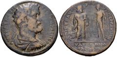 LYDIA, Thyateira. Septimius Severus. AD 193-211. Æ Medallion (44mm, 34.04 g, 6h). Homonoia with Pergamum . Moschus, strategos. Laureate, draped, and cuirassed bust left, seen from behind / Asclepius s
