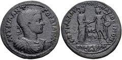 LYDIA, Thyateira. Gordian III. AD 238-244. Æ (36mm, 18.96 g, 6h). Homonoia with Smyrna . T. Fab. Alph-, magistrate. Laureate, draped, and cuirassed bust right / Tyche of Thyateira and the Amazon of Sm