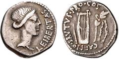 The Republicans. Brutus. Spring-early summer 42 BC. AR Denarius (17mm, 3.60 g, 1h). Military mint traveling with Brutus in Lycia. Bare head of Libertas right / Plectrum, lyre, and laurel branch tied w