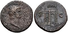 Nero. AD 54-68. Æ Sestertius (34mm, 25.82 g, 6h). Rome mint. Struck AD 64. Laureate bust right, wearing aegis / Triumphal arch surmounted by statue of emperor in quadriga accompanied by Pax and Victor