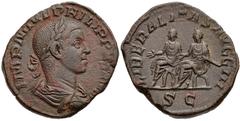 Philip II. AD 247-249. Æ Sestertius (29mm, 17.11 g, 12h). Rome mint. 11th emission of Philip I, AD 249. Laureate, draped, and cuirassed bust right / Philip I and II seated left on sella curulis , each
