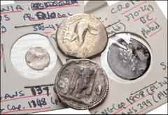 GREEK. Magna Graecia & Sicily. Lot of four (4) silver issues of Bruttium and Lucania. Includes: BRUTTIUM, Kroton. AR Nomos (3) // LUCANIA, Laos. AR Triobol. Fine, some corrosion. The triobol Fair. LOT