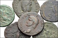 ROMAN. Imperial. Lot of six (6) bronze coins from Agrippa to Volusian. Includes: Agrippa. Æ As // Claudius. Æ As // Julia Maesa. Æ Sestertius // Julia Mamaea. Æ As // Otacilia Severa. Æ Sestertius // 