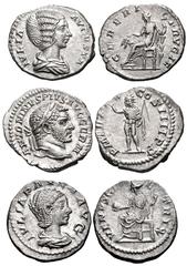 ROMAN. Imperial. Lot of three (3) AR Denarii from Julia Domna to Julia Paula. Includes: Julia Domna. Rome mint. Struck circa AD 200-207. Draped bust right / Ceres seated left, holding grain ears and t