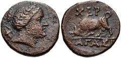 TAURIC CHERSONESOS, Chersonesos. Circa 190-180 BC. Æ (19mm, 4.38 g, 12h). Agasikl–, magistrate. Laureate head of Artemis right, bow and quiver over shoulder / Bull butting left; XEP above, AΓAΣI[KΛ] b