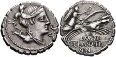 Ti. Claudius Ti.f. Ap.n. Nero. 79 BC. AR Serrate Denarius (19mm, 3.78 g, 3h). Rome mint. Draped bust of Diana right, bow and quiver over shoulder / Victory driving galloping biga right, holding wreath