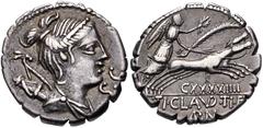 Ti. Claudius Ti.f. Ap.n. Nero. 79 BC. AR Serrate Denarius (17mm, 3.64 g, 5h). Rome mint. Draped bust of Diana right, bow and quiver over shoulder / Victory driving galloping biga right, holding wreath