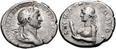 Trajan. AD 98-117. AR Didrachm (22mm, 6.98 g, 6h). Caesarea (Cappadocia) mint. Dated Cos. 6 (AD 112-117). Laureate and draped bust right, [small globe] at truncation / Bust of Artemis left, holding sp