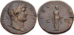 Hadrian. AD 117-138. Æ Sestertius (32mm, 26.93 g, 6h). Rome mint. Struck AD 125-128. Laureate bust right, slight drapery / Diana standing facing, head right, holding arrow and bow. RIC II 631b; Banti 