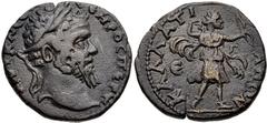 Septimius Severus. AD 193-211. Æ Pentassarion (26mm, 12.11 g, 6h). Callatis (Moesia Inferior) mint. AVT K Λ CЄΠ CЄHPOC ΠЄPT, laureate head right / Artemis advancing right, drawing arrow from quiver an