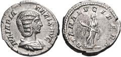 Julia Domna. Augusta, AD 193-217. AR Denarius (18mm, 3.13 g, 6h). Rome mint. Struck under Caracalla, AD 211-215. Draped bust right / Diana Lucifera standing facing, head left, holding torch in both ha