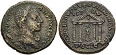 Elagabalus. AD 218-222. Æ (26mm, 11.35 g, 1h). Nicopolis ad Istrum (Moesia Inferior) mint. Novius Rufus, legatus consularis . Struck AD 218-219. Laureate bust right, slight drapery / Artemis, holding 
