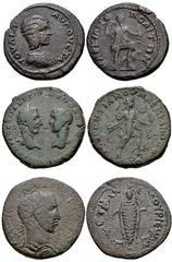 ROMAN. Provincial. Lot of three (3) bronze coins. Includes: MOESIA INFERIOR, Marcianopolis. Julia Domna. Augusta, AD 193-217. Æ 26mm. Draped bust right / Artemis advancing right, drawing arrow from qu