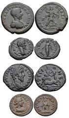 ROMAN. Provincial. Lot of four (4) bronze coins. Includes: MOESIA INFERIOR, Marcianopolis. Diadumenian. As Caesar, AD 217-218. Æ Triassarion. Bareheaded and draped bust right / Artemis advancing right