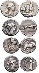 ROMAN. Republican. Lot of four (4) AR Denarii. All coins struck at Rome mint. Includes: A. POSTUMIUS A.F. SP.N. ALBINUS. 81 BC. Draped bust of Diana right, bow and quiver over shoulder; bucranium abov