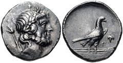 LYCIA, Oinoanda. Circa 200 BC. AR Didrachm (21mm, 8.22 g, 12h). Dated CY 3? (186/5? BC). Laureate head of Zeus right, with lotus-tipped scepter over shoulder; B behind / Eagle standing right on winged