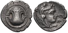 BOEOTIA, Thebes. Circa 395-338 BC. AR Obol (11mm, 0.80 g, 9h). Theot(i)-, magistrate. Struck circa 363-348 BC. Boeotian shield; club across upper half / Youthful head of Herakles right, wearing lion s