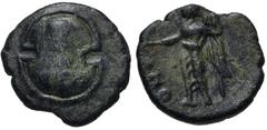 BOEOTIA, Thebes. Circa 229-200 BC. Æ (12mm, 1.27 g, 10h). Boeotian shield; club vertically along center line / Nike standing left, holding phiale and trident. BCD Boiotia 585 (this coin); Head, Boeoti