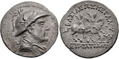 BAKTRIA, Greco-Baktrian Kingdom. Eukratides I Megas. Circa 170-145 BC. AR Tetradrachm (32mm, 15.03 g, 12h). Attic standard. Diademed and draped bust right, wearing crested helmet adorned with bull's h