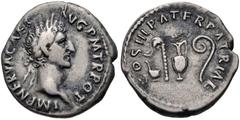 Nerva. AD 96-98. AR Denarius (18mm, 3.37 g, 6h). Rome mint. Struck AD 97. Laureate head right / Priestly emblems: simpulum, aspergillum, guttus, and lituus. RIC II 24; RSC 48. VF, toned. From the R. D