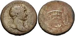 Trajan. AD 98-117. Æ Sestertius (33mm, 24.37 g, 6h). Rome mint. Struck circa AD 107-110. Laureate bust right, slight drapery on left shoulder / Single-span bridge across river; arched tower at either 