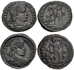 ROMAN. Imperial. Lot of two (2) bronzes of Valentinian I. Siscia mint, 3rd officina. Struck AD 367-375. Diademed, draped, and cuirassed bust right / Valentinian standing right, head left, dragging bou