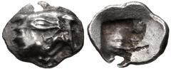 ASIA MINOR, Uncertain. Circa 500 BC. AR Tetartemorion (7mm, 0.15 g). Head left, wearing close-fitting cap(?) / Incuse punch. VF, edge split. This crude style head is perplexing. It resembles to a cert