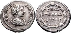 Geta. As Caesar, AD 198-209. AR Denarius (19mm, 3.18 g, 12h). Rome mint. Struck under Septimius Severus, AD 199-204. P SEPT GETA CAES PONT, bareheaded and draped bust right / TEMP/OR FELI/CITAS in thr
