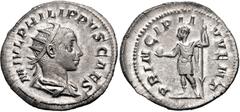 Philip II. As Caesar, AD 244-247. AR Antoninianus (23mm, 3.25 g, 6h). Rome mint. 5th emission of Philip I, AD 246. Radiate and draped bust right / Philip II standing left, holding globe and spear. RIC