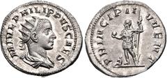 Philip II. As Caesar, AD 244-247. AR Antoninianus (22mm, 4.26 g, 1h). Rome mint. 5th emission of Philip I, AD 246. Radiate and draped bust right / Philip II standing left, holding globe and reversed s