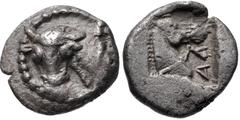 THESSALY, Larissa. Circa 462/1-460 BC. AR Obol (10mm, 0.96 g, 3h). Head and neck of bull left, turning to face viewer / ΛΑ (retrograde) downward to right, head and neck of bridled horse right; all wit