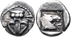 THESSALY, Larissa. Circa 462/1-460 BC. AR Hemiobol (8mm, 0.43 g, 12h). Bull’s hoof downward / Λ-Α (A upside down) upward to right, head and neck of bridled horse right; all within incuse square. Liamp