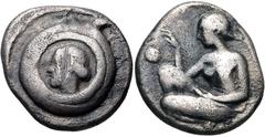 THESSALY, Larissa. Circa 440-400 BC. AR Trihemiobol (10mm, 1.14 g, 1h). Possible Orphanides forgery. Small, round shield with dotted border, having as a central device the head of the nymph Larissa le