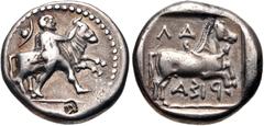 THESSALY, Larissa. Circa 450/40-420 BC. AR Drachm (18mm, 6.07 g, 4h). Youthful hero Thessalos, his petasos and chlamys hanging around neck, restraining bull right by band held around its head; c/m: mo