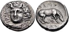 THESSALY, Larissa. Circa 344-337 BC. AR Drachm (20mm, 5.69 g, 11h). Head of the nymph Larissa facing slightly left, wearing ampyx and necklace / ΛAPIΣ above, AIΩN in exergue, horse right, about to rol