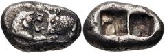 KINGS of LYDIA. Kroisos. Circa 560-546 BC. AR Siglos – Half Stater (17mm, 5.06 g). Sardes mint. Struck circa 550-546 BC. Confronted foreparts of lion and bull / Double incuse punch. Berk 22; SNG Kayha